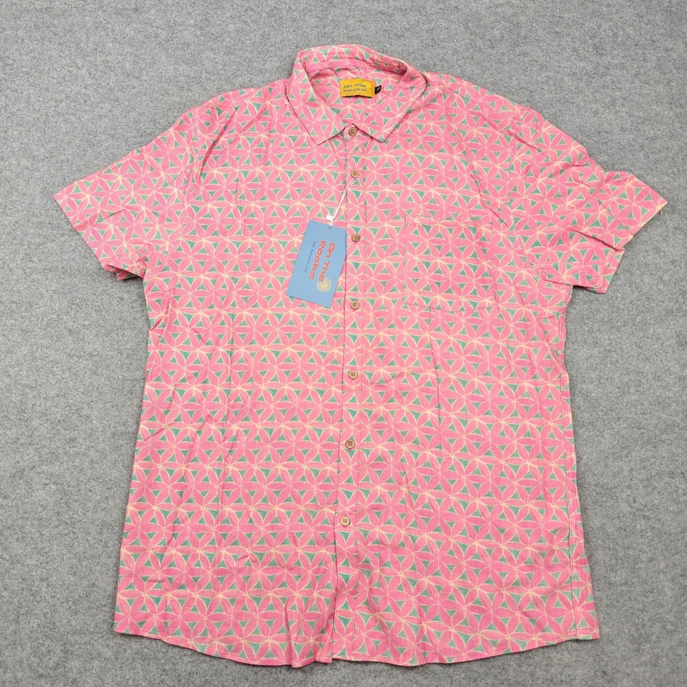 On The Rocks Shirt Mens XL Pink Geometric Linen Summer Cocktail Button-Up New